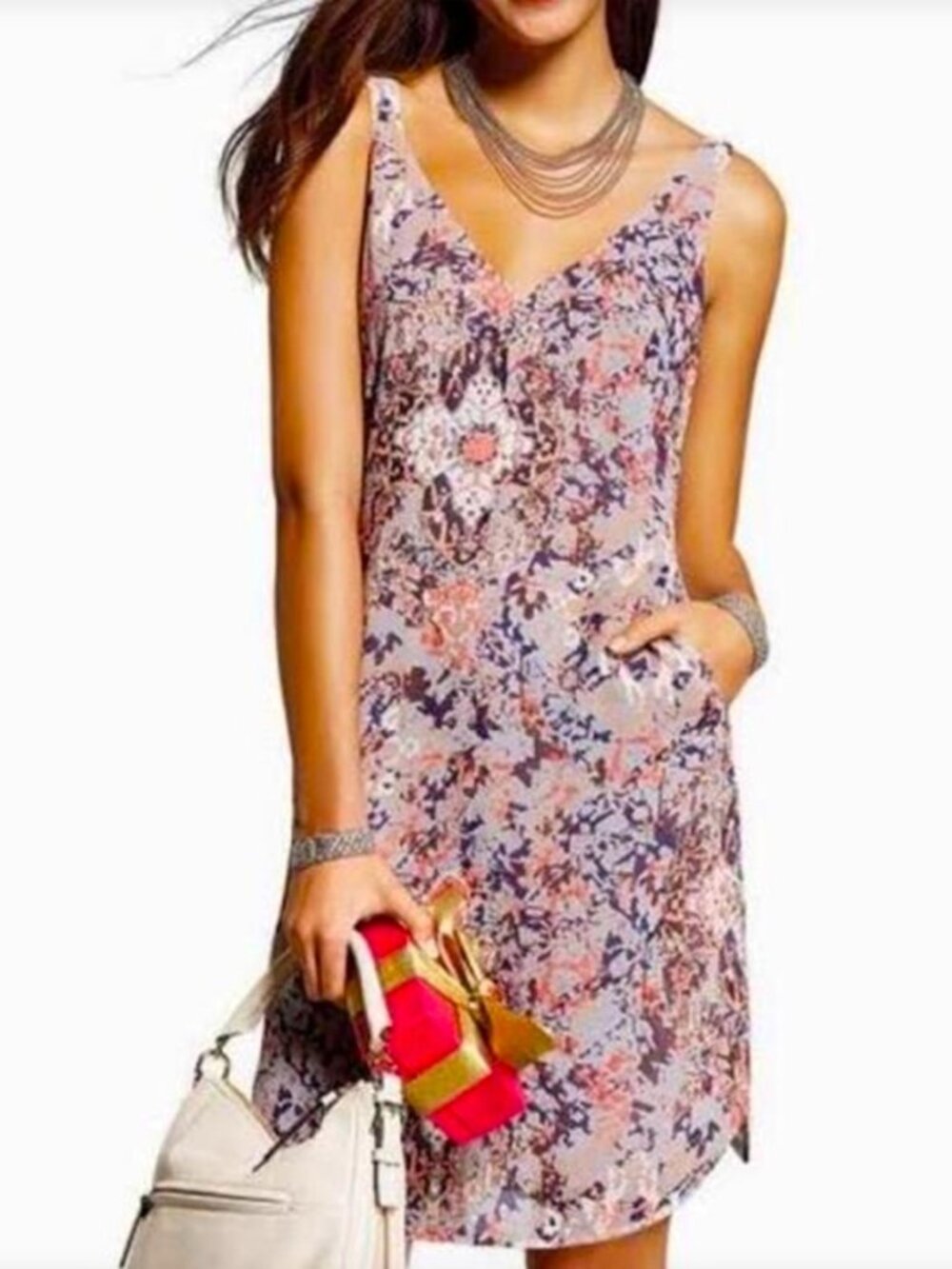 CABI Fresco Gray Floral V-Neck Sleeveless Shift Dress sz M